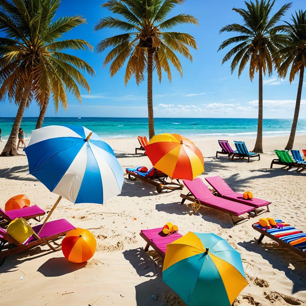 A vibrant summer beach scene featuring diverse models showcasing the hottest bikini styles and swimwear trends, surrounded by colorful beach umbrellas and sun loungers. The sun is shining bright, casting lively reflections on the crystal clear water, and palm trees sway gently in the background. Include a playful beach ball and stylish sunglasses scattered around to enhance the summer vibe. vibrant colors. super-realistic.